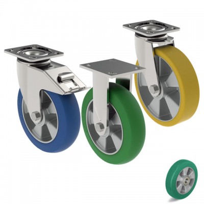 200x50mm 8 inch Heavy duty caster wheel with green polyurethane tread and die-cast aluminium wheel center